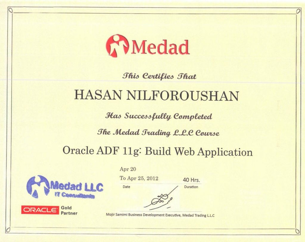 گواهی‌نامه دوره Oracle ADF 11g: Build Web Application برای حسن نیلفروشان