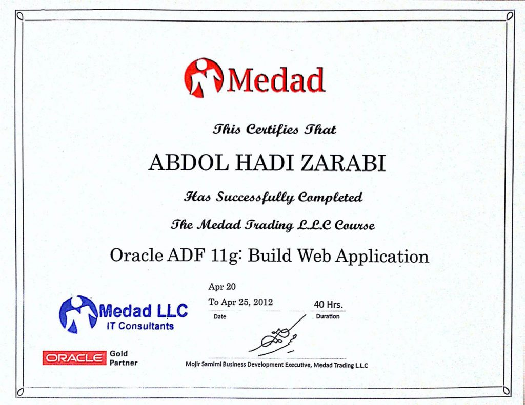گواهی‌نامه دوره Oracle ADF 11g: Build Web Application برای عبدالهادی ضرابی