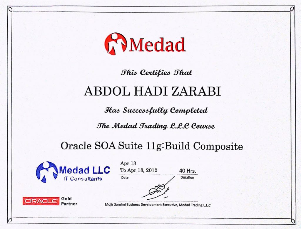 گواهی‌نامه دوره Oracle SOA Suite 11g: Build Composite برای عبدالهادی ضرابی