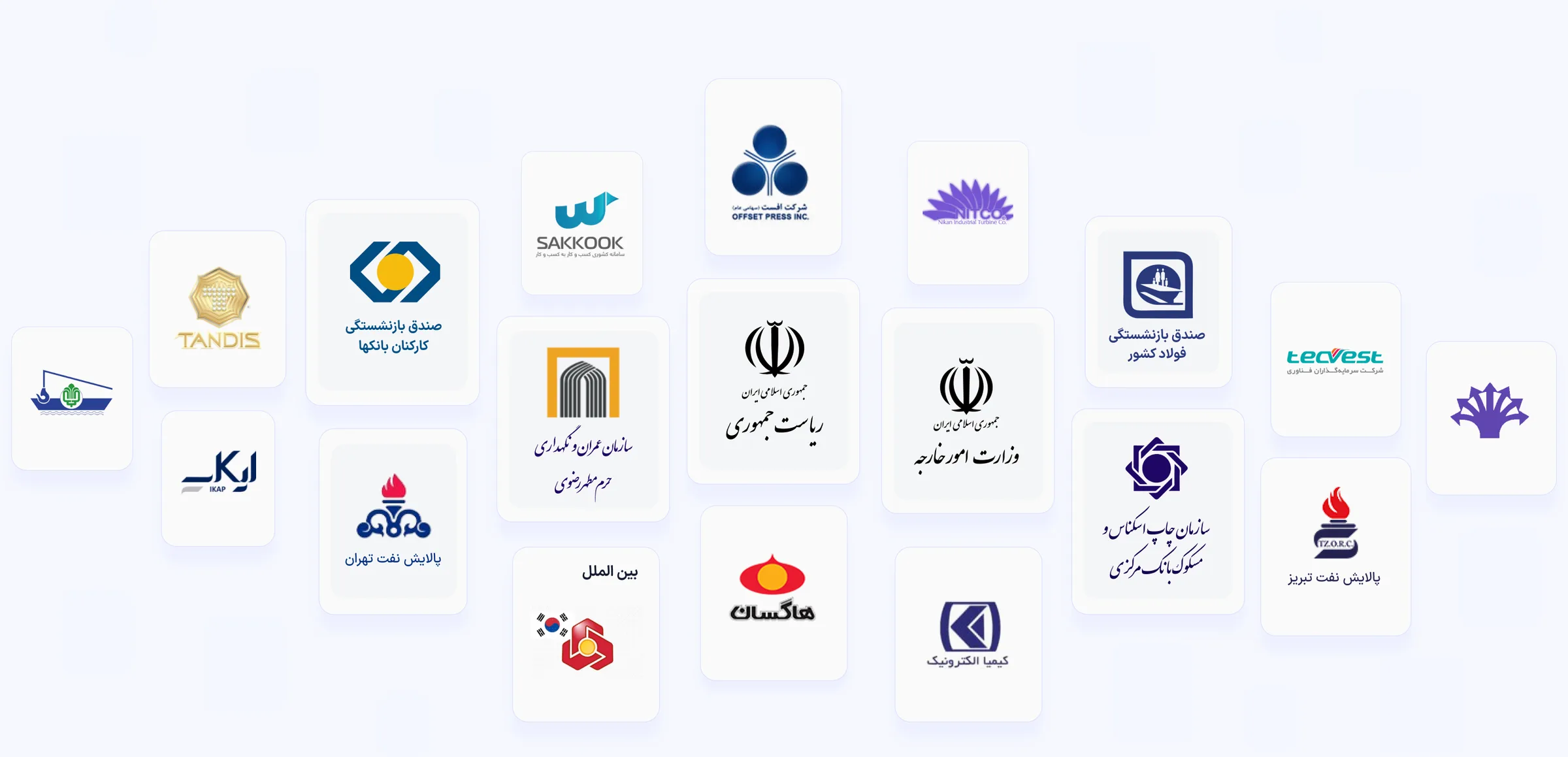 لوگوی مشتریان رای‌دانا: نهاد ریاست جمهوری، وزارت امور خارجه، پالایش نفت تهران و تبریز، صندوق‌های بازنشستگی و سازمان‌های دیگر